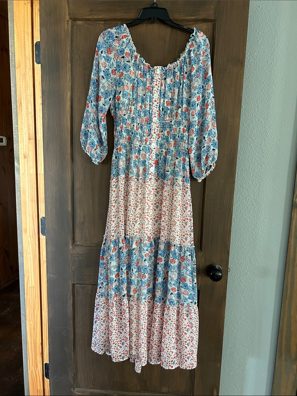 fig and flower Blue and Coral Floral Tiered Maxi Dress
